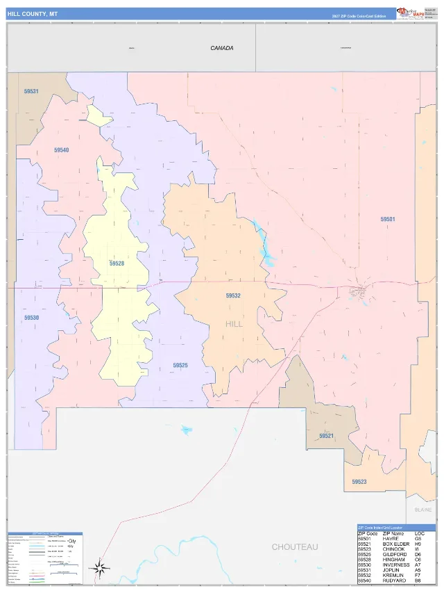 Hill County, MT ZIP Code Wall Map, ColorCast style