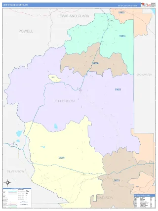 Jefferson County, MT ColorCast style ZIP Code wall map