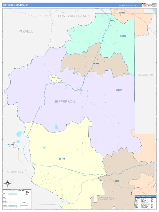 Jefferson County, MT ZIP Code Wall Map, ColorCast style
