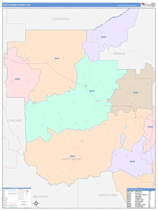 Judith Basin County, MT ZIP Code Wall Map, ColorCast style