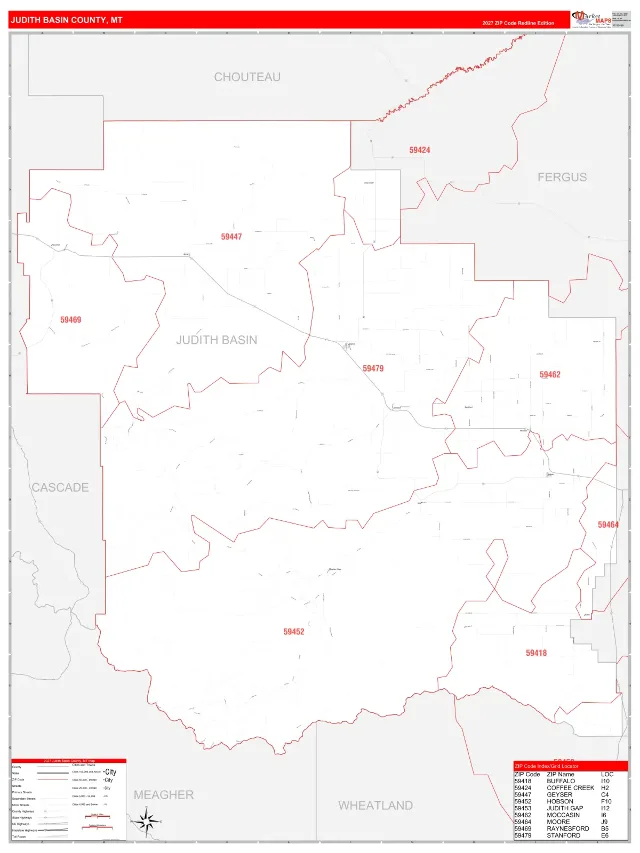 Judith Basin County, MT ZIP Code Wall Map, RedLine style