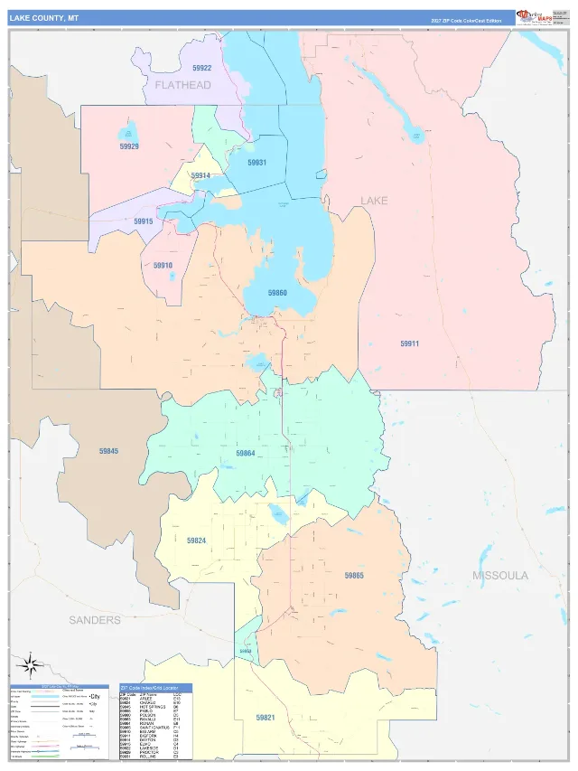Lake County, MT ZIP Code Wall Map, ColorCast style