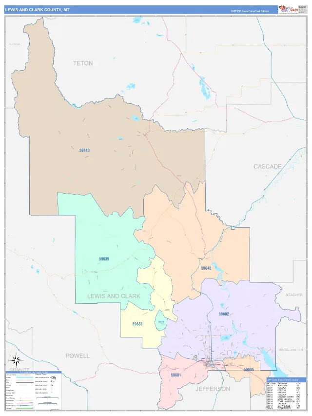 Lewis and Clark County, MT ZIP Code Wall Map, ColorCast style