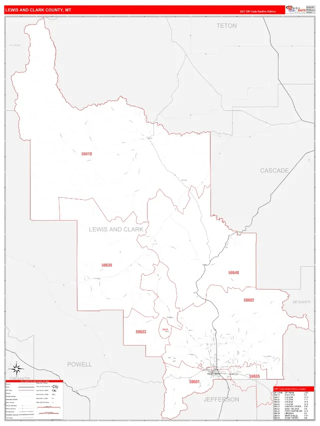 Lewis and Clark County, MT ZIP Code Wall Map, RedLine style
