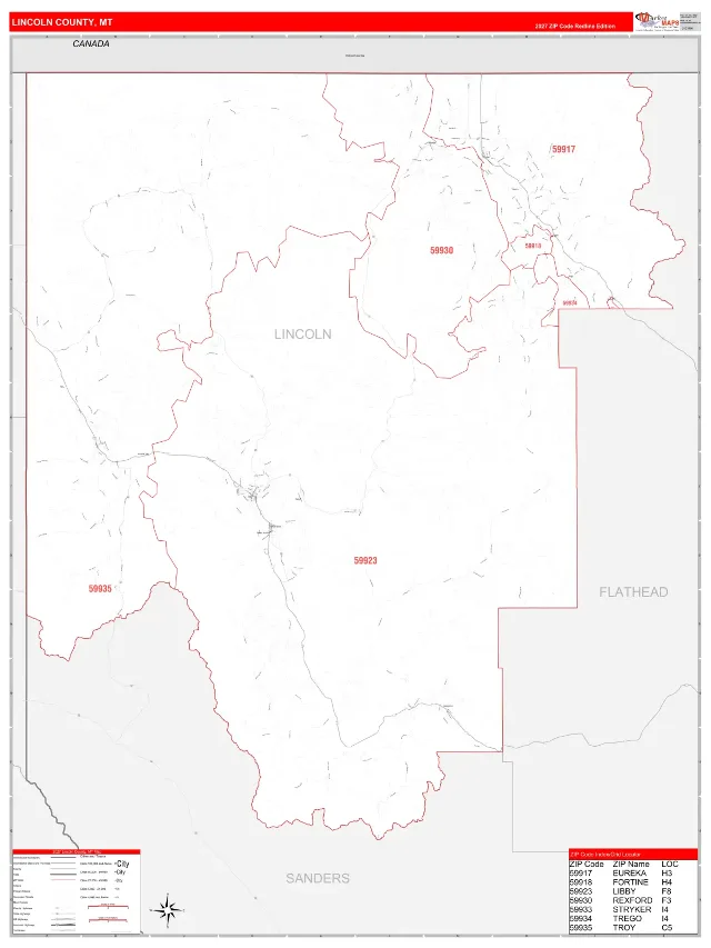 Lincoln County, MT ZIP Code Wall Map, RedLine style