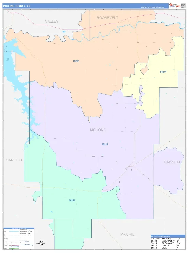 McCone County, MT ZIP Code Wall Map, ColorCast style