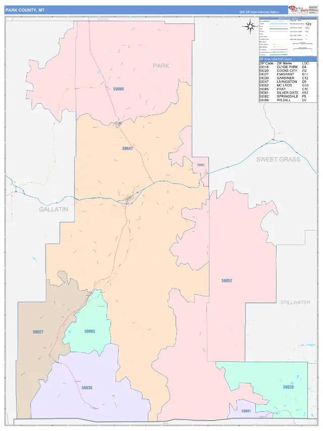 Park County, MT ZIP Code Wall Map, ColorCast style