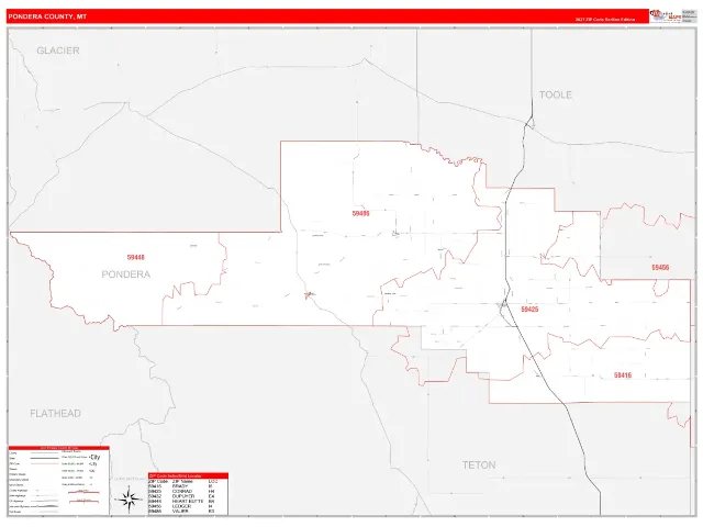 Pondera County, MT ZIP Code Wall Map, RedLine style