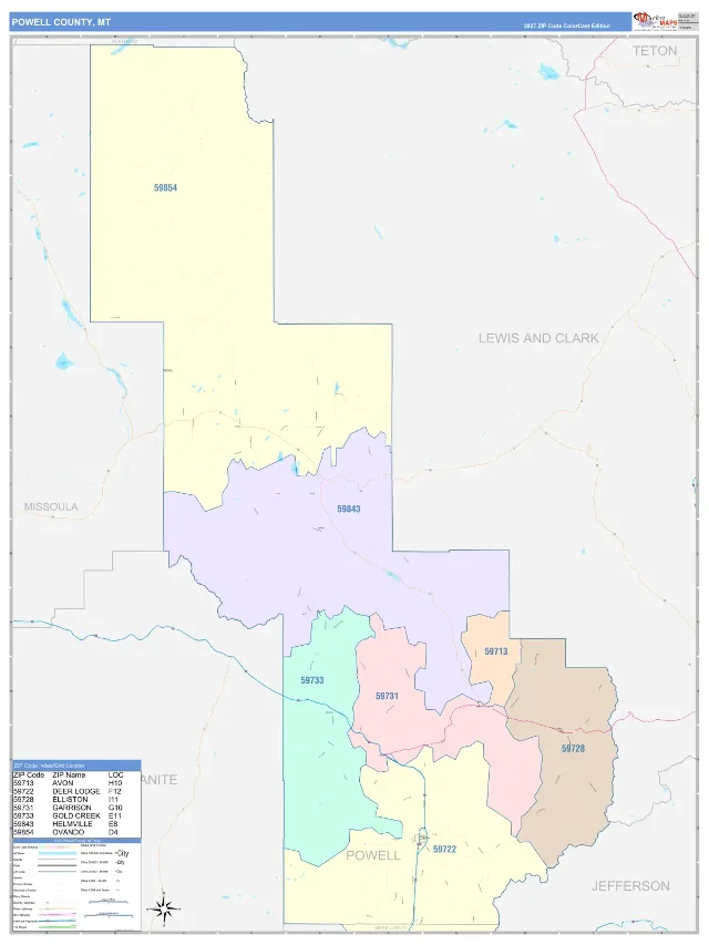 Powell County, MT ZIP Code Wall Map, ColorCast style