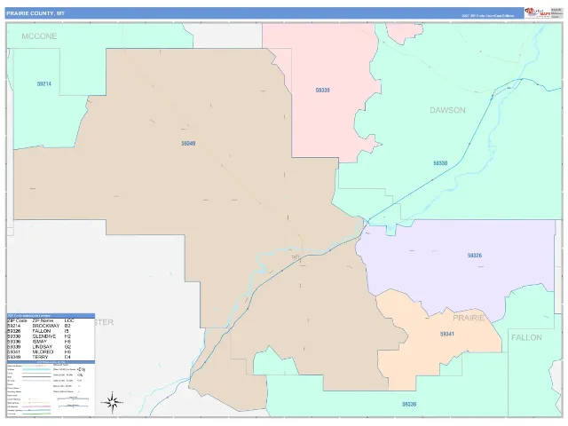 Prairie County, MT ZIP Code Wall Map, ColorCast style