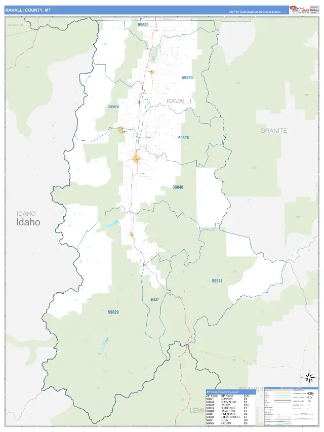 Ravalli County, MT ZIP Code Wall Map, Business Reference style