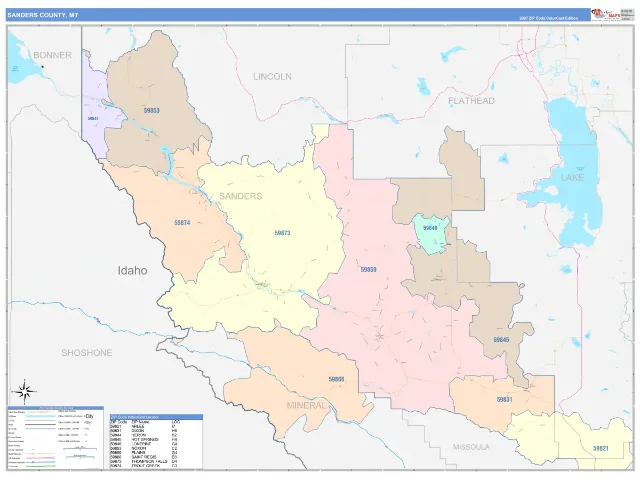 Sanders County, MT ZIP Code Wall Map, ColorCast style
