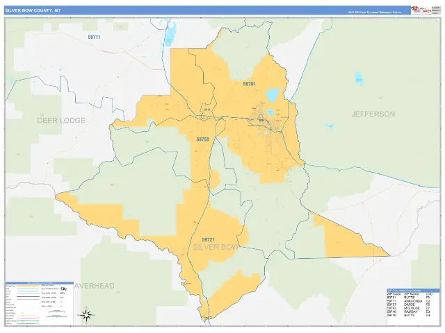 Silver Bow County, MT ZIP Code Wall Map, Business Reference style