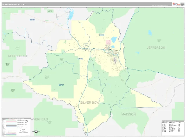 Silver Bow County, MT ZIP Code Wall Map, Classic style