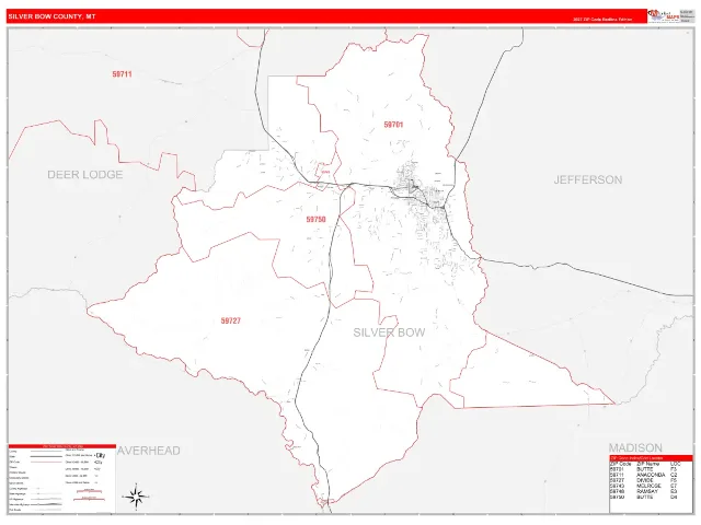 Silver Bow County, MT ZIP Code Wall Map, RedLine style