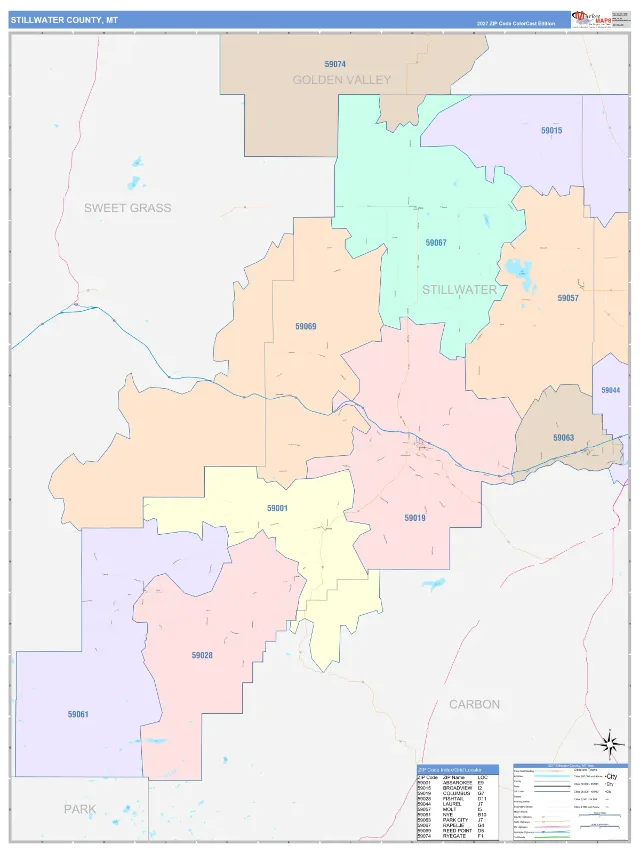 Stillwater County, MT ZIP Code Wall Map, ColorCast style