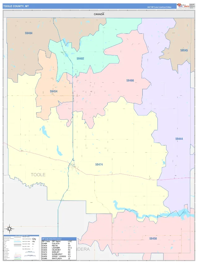 Toole County, MT ZIP Code Wall Map, ColorCast style