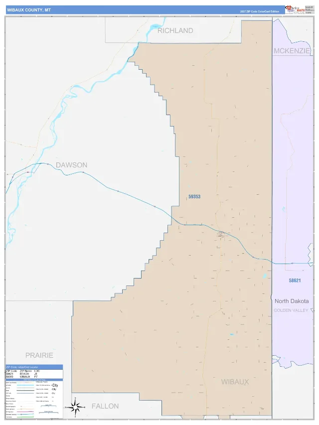 Wibaux County, MT ZIP Code Wall Map, ColorCast style