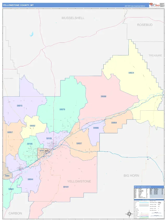 Yellowstone County, MT ZIP Code Wall Map, ColorCast style