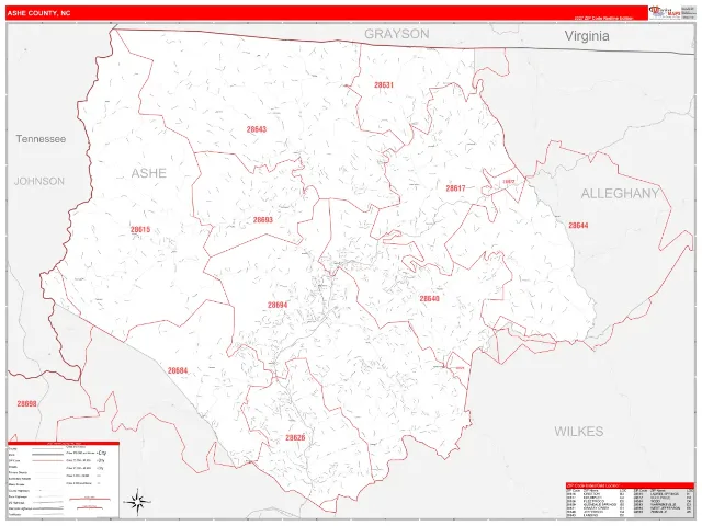 Ashe County, NC ZIP Code Wall Map, RedLine style