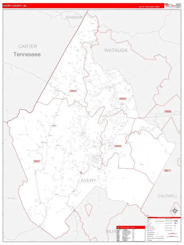 Avery County, NC ZIP Code Wall Map, RedLine style