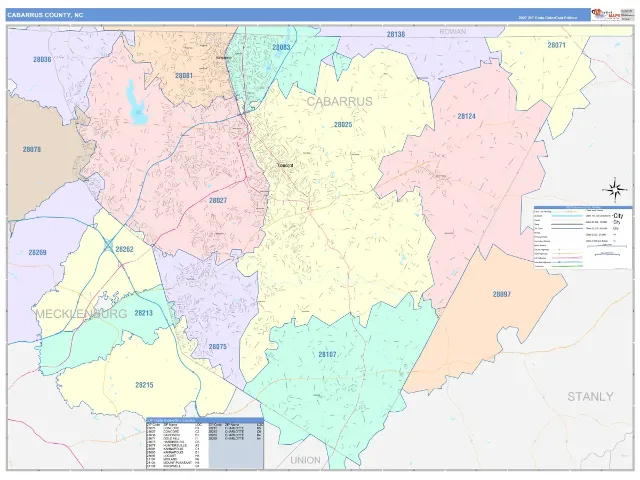 Cabarrus County, NC ZIP Code Wall Map, ColorCast style