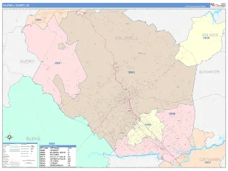 Caldwell County, NC ColorCast style ZIP Code wall map