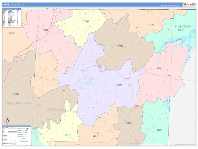 Caswell County, NC ZIP Code Wall Map, ColorCast style