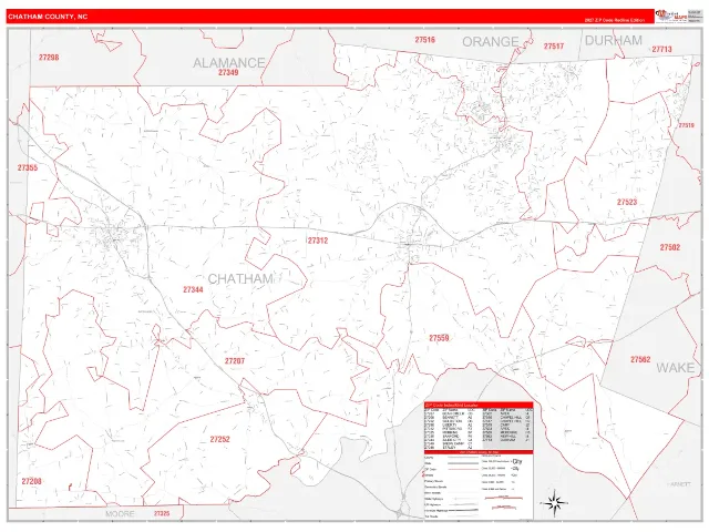 Chatham County, NC ZIP Code Wall Map, RedLine style