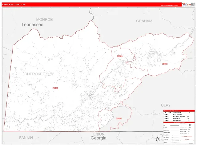Cherokee County, NC ZIP Code Wall Map, RedLine style