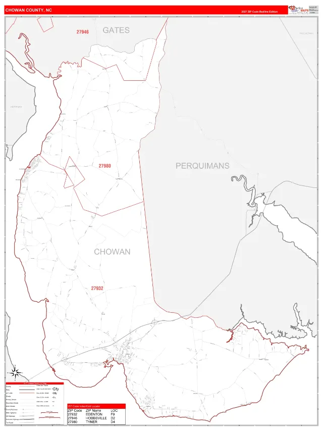 Chowan County, NC ZIP Code Wall Map, RedLine style