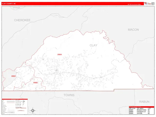 Clay County, NC ZIP Code Wall Map, RedLine style