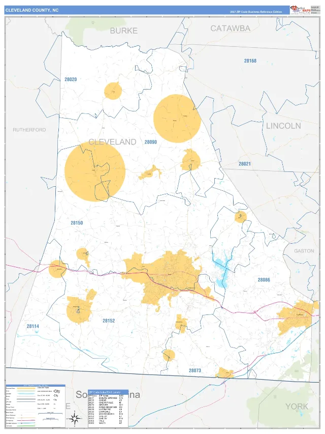 Cleveland County, NC ZIP Code Wall Map, Business Reference style