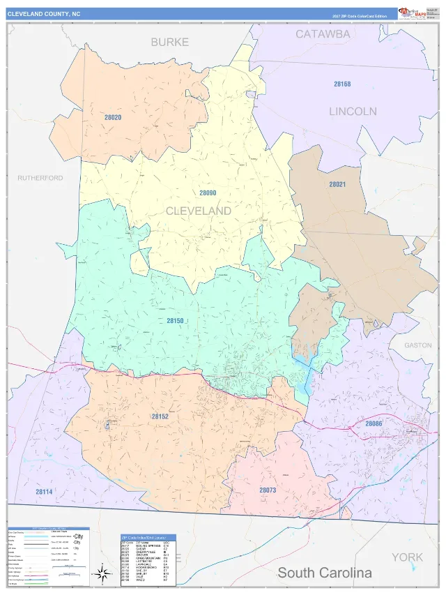 Cleveland County, NC ZIP Code Wall Map, ColorCast style