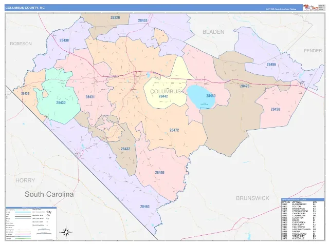 Columbus County, NC ZIP Code Wall Map, ColorCast style
