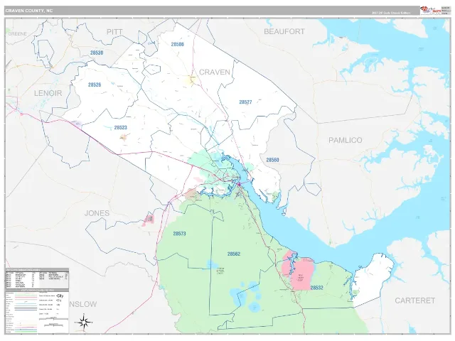 Craven County, NC ZIP Code Wall Map, Classic style