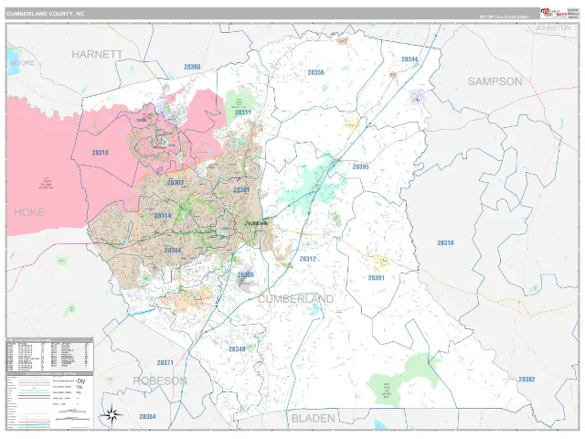 Cumberland County, NC ZIP Code Wall Map, Classic style