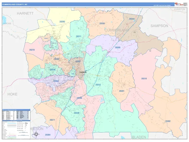Cumberland County, NC ZIP Code Wall Map, ColorCast style