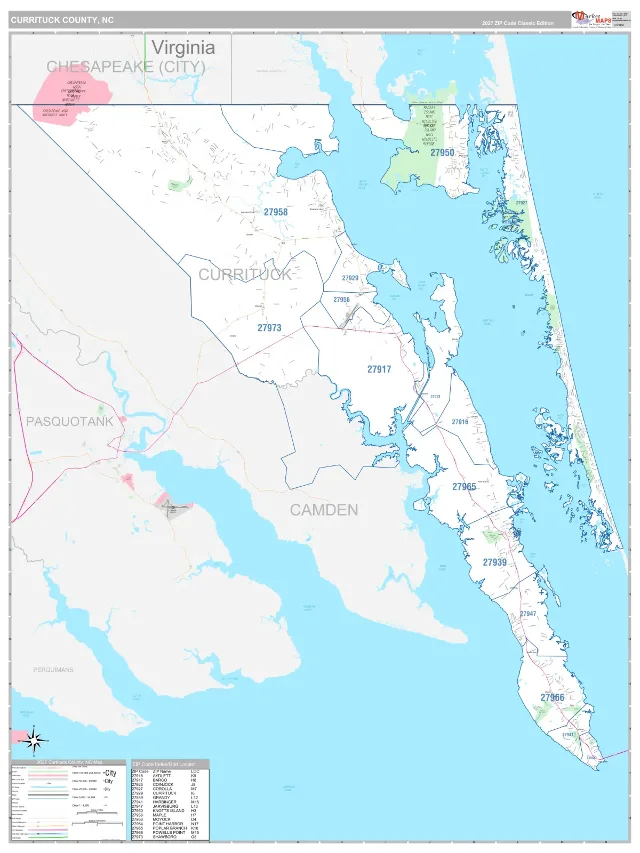 Currituck County, NC ZIP Code Wall Map, Classic style
