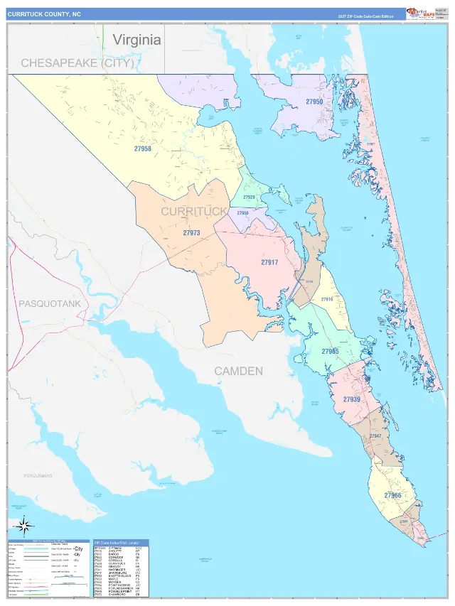 Currituck County, NC ZIP Code Wall Map, ColorCast style