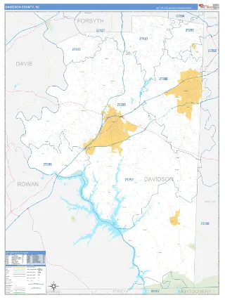 Davidson County, NC Business Reference style ZIP Code wall map