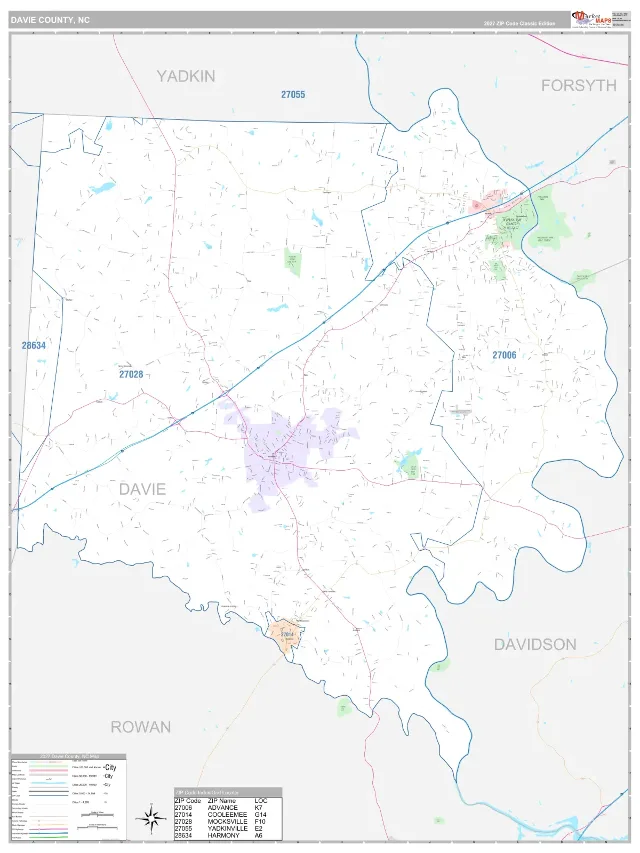 Davie County, NC ZIP Code Wall Map, Classic style