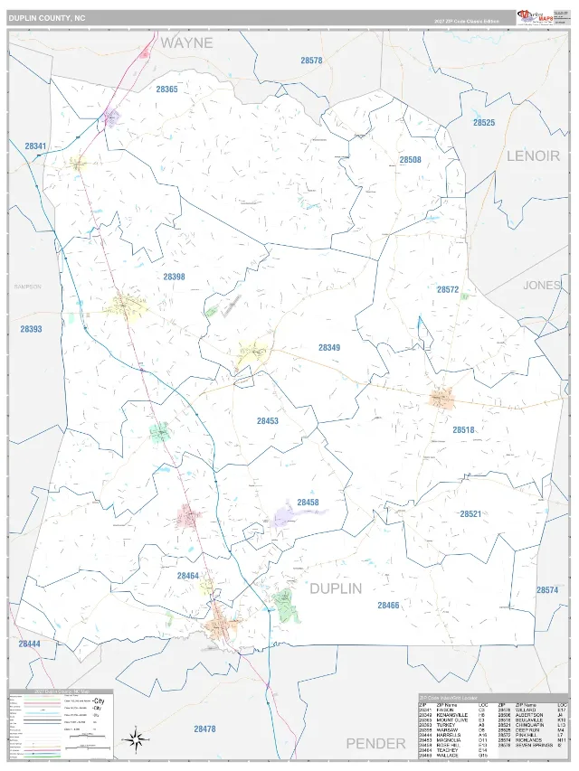 Duplin County, NC ZIP Code Wall Map, Classic style