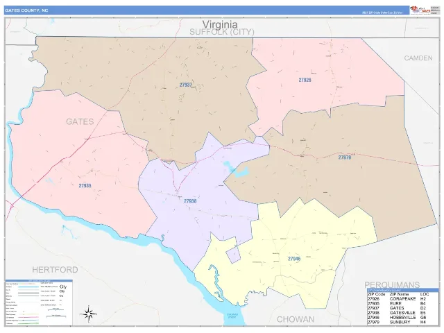 Gates County, NC ZIP Code Wall Map, ColorCast style