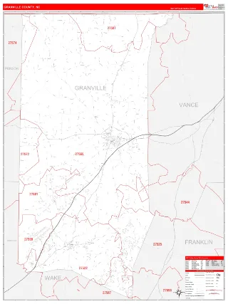 Granville County, NC RedLine style ZIP Code wall map