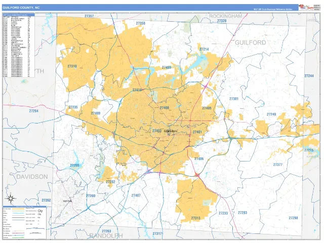 Guilford County, NC ZIP Code Wall Map, Business Reference style