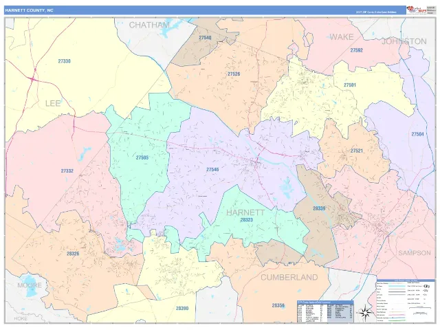 Harnett County, NC ZIP Code Wall Map, ColorCast style