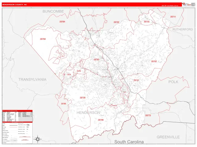 Henderson County, NC ZIP Code Wall Map, RedLine style
