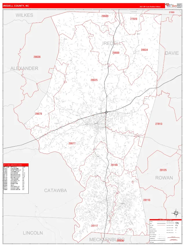 Iredell County, NC ZIP Code Wall Map, RedLine style