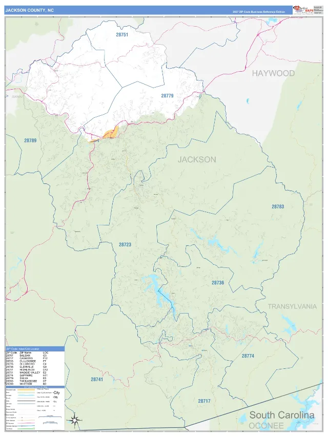 Jackson County, NC ZIP Code Wall Map, Business Reference style